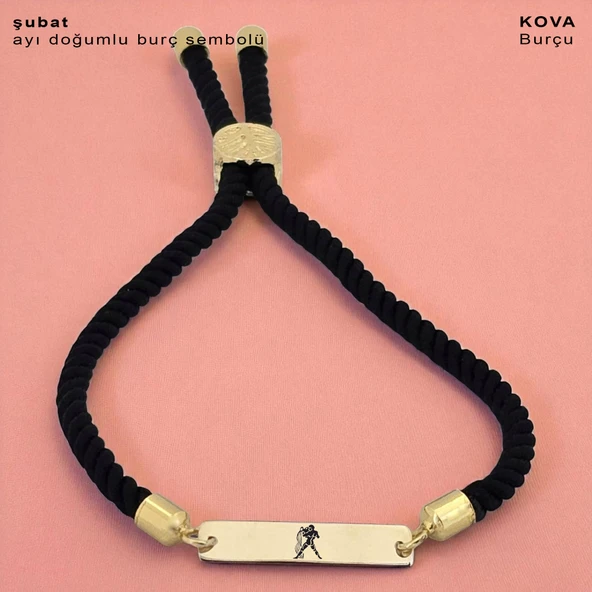14 Ayar Altın Plakalı Burca Özel Dikdörtgen Figürlü Siyah Örgü İpli Hediye Bileklik-555 ürün görseli