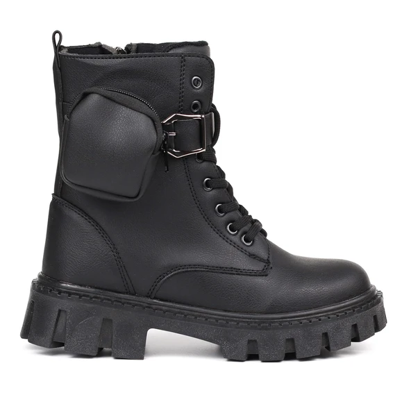 Kadın Siyah Postal Bot – Cüzdanlı Kalın Taban Fermuarlı Bağcıklı Tokalı Rahat Günlük Şık ve Dayanıklı - Resim 4