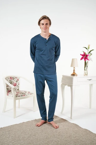 Estiva Penye İnterlok Kareli Uzun Kol Erkek Pijama Takım - Resim 7