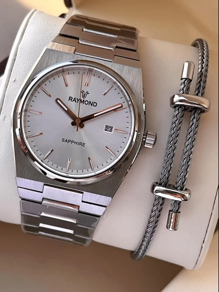 Raymond Nişan Ve Damatlara Özel Çelik Kordon 2 Yıl Garantili 5 Atm Erkek Kol Saati+Bileklik RMD.35