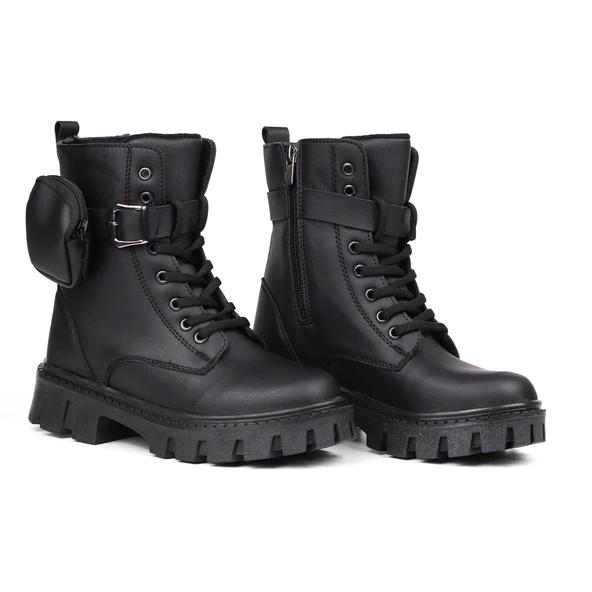 Kadın Siyah Postal Bot – Cüzdanlı Kalın Taban Fermuarlı Bağcıklı Tokalı Rahat Günlük Şık ve Dayanıklı ürün görseli 1