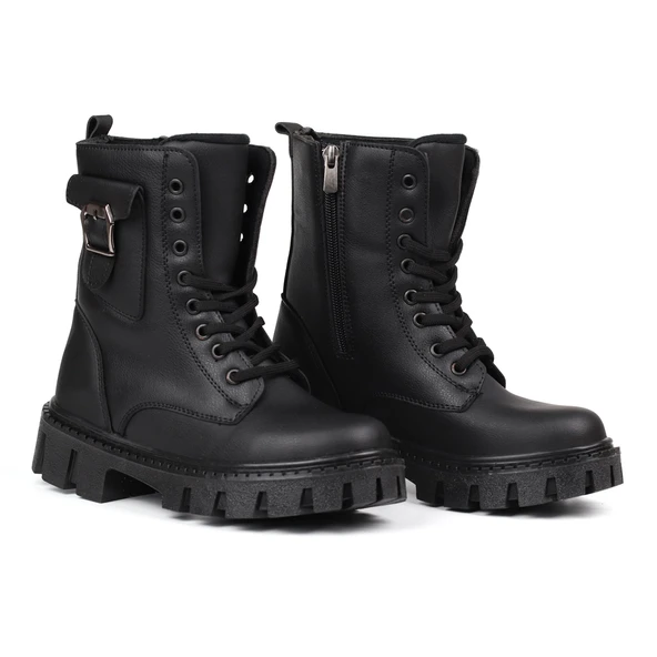 Kadın Siyah Postal Bot – Kalın Taban Fermuarlı Bağcıklı Cepli Tokalı Rahat Günlük Şık ve Dayanıklı ürün görseli 1