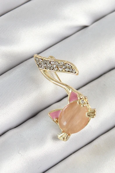 Zirkon Taşlı 3D Kedi Detaylı Nota Figürlü Gold Renk Kadın Broş - TJ-BR444 ürün görseli