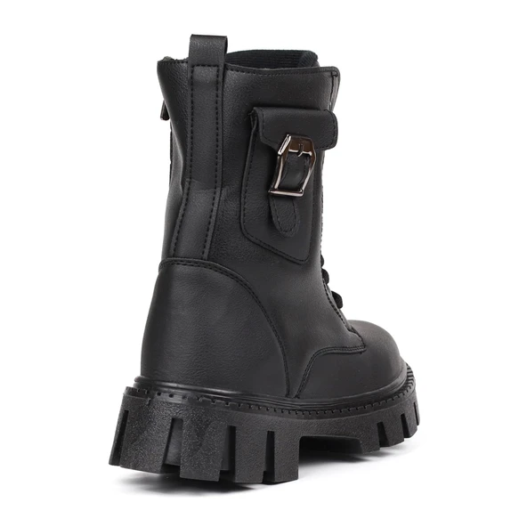 Kadın Siyah Postal Bot – Kalın Taban Fermuarlı Bağcıklı Cepli Tokalı Rahat Günlük Şık ve Dayanıklı - Resim 5