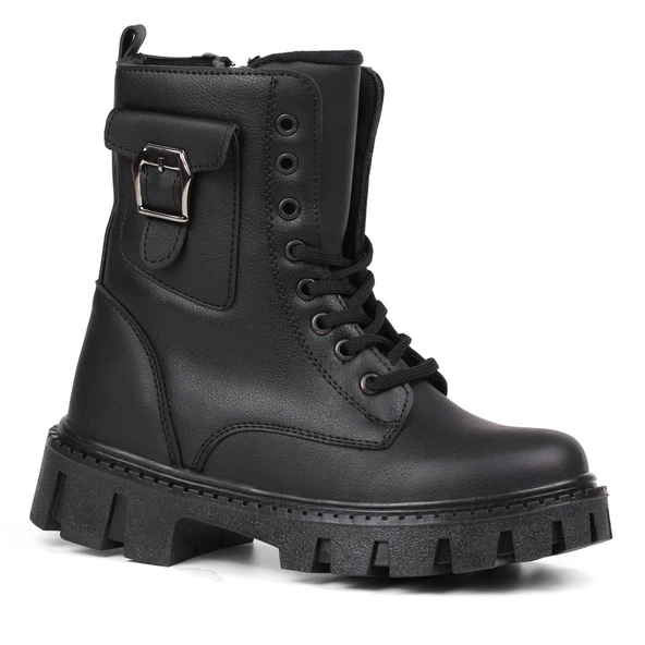 Kadın Siyah Postal Bot – Kalın Taban Fermuarlı Bağcıklı Cepli Tokalı Rahat Günlük Şık ve Dayanıklı - Resim 3