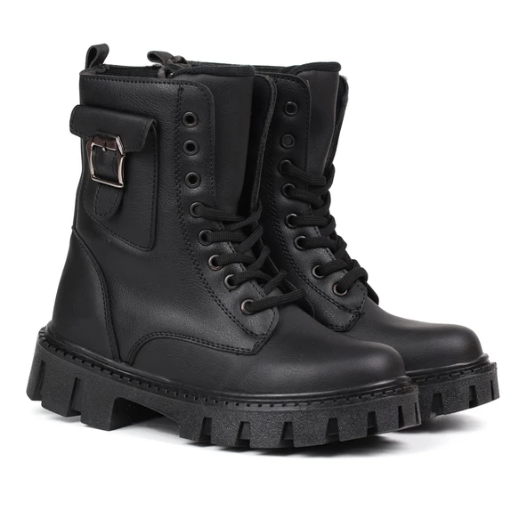 Kadın Siyah Postal Bot – Kalın Taban Fermuarlı Bağcıklı Cepli Tokalı Rahat Günlük Şık ve Dayanıklı - Resim 2