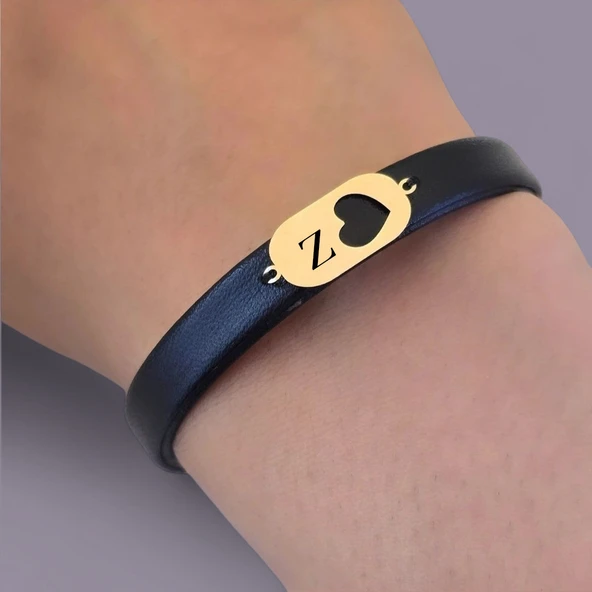 14 Ayar Altın Plakalı Harfe Özel Kalp Detaylı Oval Figürlü Doğal Siyah Derili Hediye Bileklik-557 - Resim 3