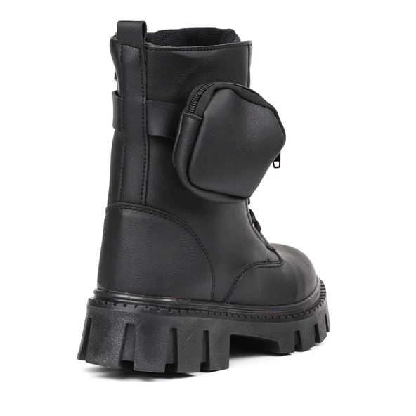 Kadın Siyah Postal Bot – Cüzdanlı Kalın Taban Fermuarlı Bağcıklı Tokalı Rahat Günlük Şık ve Dayanıklı - Resim 5