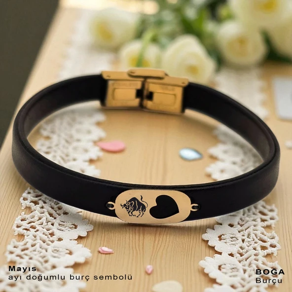 14 Ayar Altın Plakalı Burca Özel Kalp Detaylı Oval Figürlü Doğal Siyah Derili Hediye Bileklik-557 ürün görseli