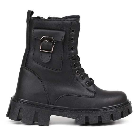 Kadın Siyah Postal Bot – Kalın Taban Fermuarlı Bağcıklı Cepli Tokalı Rahat Günlük Şık ve Dayanıklı - Resim 4