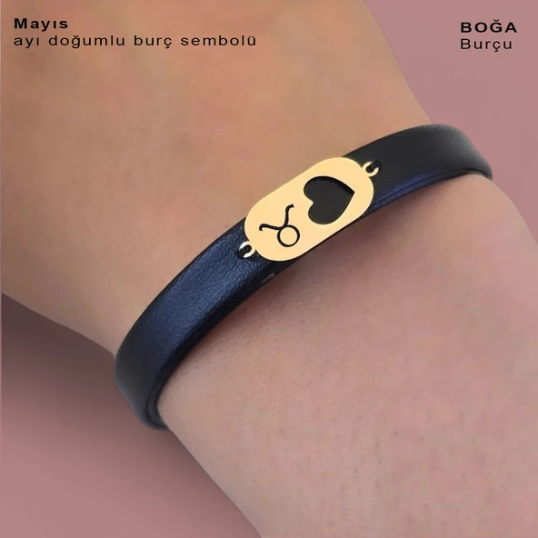 14 Ayar Altın Plakalı Doğum Ayına Özel Kalp Detaylı Oval Figürlü Doğal Siyah Derili Hediye Bileklik-557 - Resim 3
