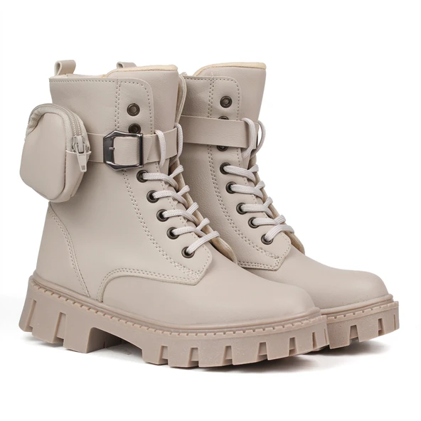 Kadın Bej Postal Bot – Cüzdanlı Kalın Taban Fermuarlı Bağcıklı Tokalı Rahat Günlük Şık ve Dayanıklı - Resim 2