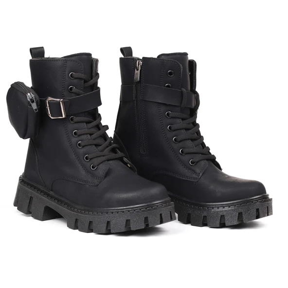 Kadın Siyah Nubuk Postal Bot – Cüzdanlı Kalın Taban Fermuarlı Bağcıklı Tokalı Rahat Günlük Şık ve Dayanıklı