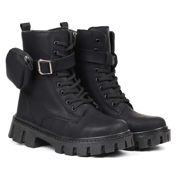 Kadın Siyah Nubuk Postal Bot – Cüzdanlı Kalın Taban Fermuarlı Bağcıklı Tokalı Rahat Günlük Şık ve Dayanıklı - 2