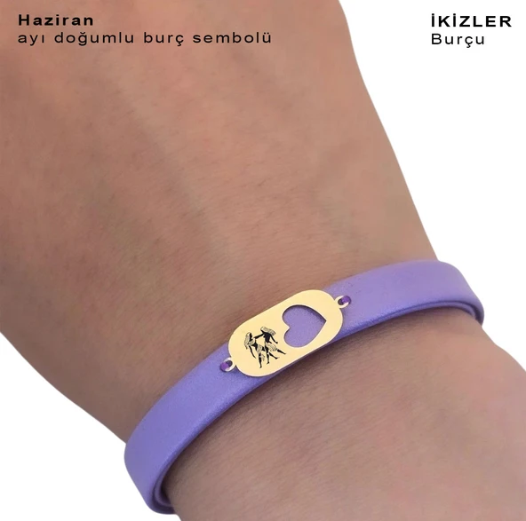 14 Ayar Altın Plakalı Burca Özel Kalp Detaylı Oval Motifli Doğal Mor Derili Hediye Bileklik-558 - Resim 3