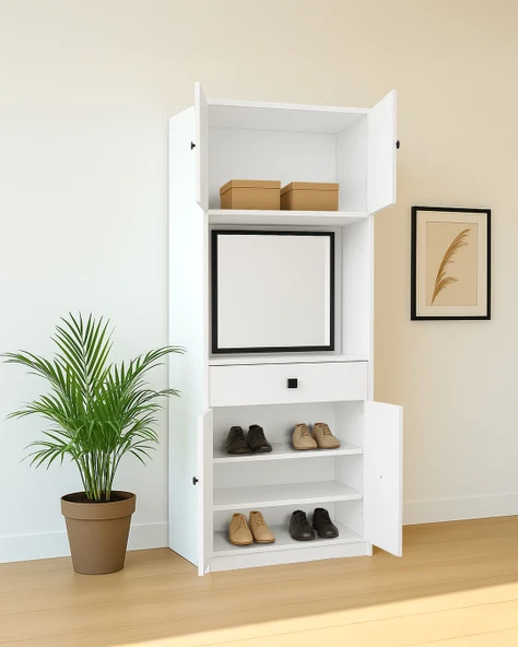 Beyaz Fonksiyonel Portmanto Modül 2: Aynalı Çekmeceli Dolap - 3