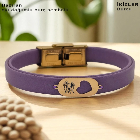 14 Ayar Altın Plakalı Burca Özel Kalp Detaylı Oval Motifli Doğal Mor Derili Hediye Bileklik-558 ürün görseli