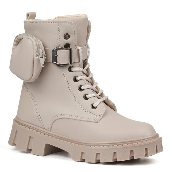 Kadın Bej Postal Bot – Cüzdanlı Kalın Taban Fermuarlı Bağcıklı Tokalı Rahat Günlük Şık ve Dayanıklı - Resim 3