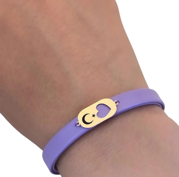 14 Ayar Altın Plakalı Sembole Özel Doğal Mor Derili Kalp Detaylı Oval Motifli Hediye Bileklik-558 - Resim 3