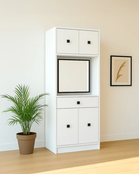 Beyaz Fonksiyonel Portmanto Modül 2: Aynalı Çekmeceli Dolap