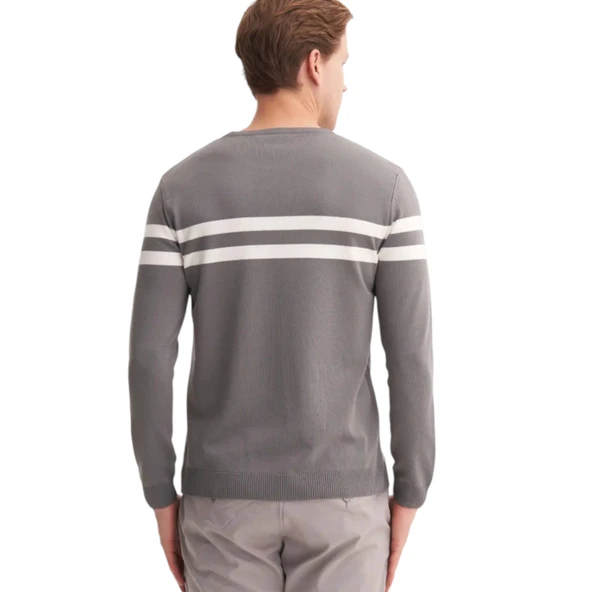 Slim Fit Viskon Kumaş Basic İki Çizgili Bisiklet Yaka Kazak - 9