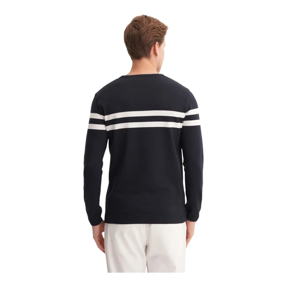 Slim Fit Viskon Kumaş Basic İki Çizgili Bisiklet Yaka Kazak - 4