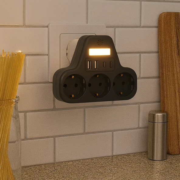3’lü Duvar Tipi Akım Korumalı Priz  2 USB A + 2 Type C Girişli  LED Gece Lambalı Akıllı Çoklu Priz - 7