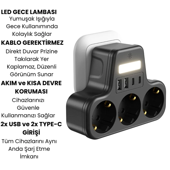 3’lü Duvar Tipi Akım Korumalı Priz  2 USB A + 2 Type C Girişli  LED Gece Lambalı Akıllı Çoklu Priz