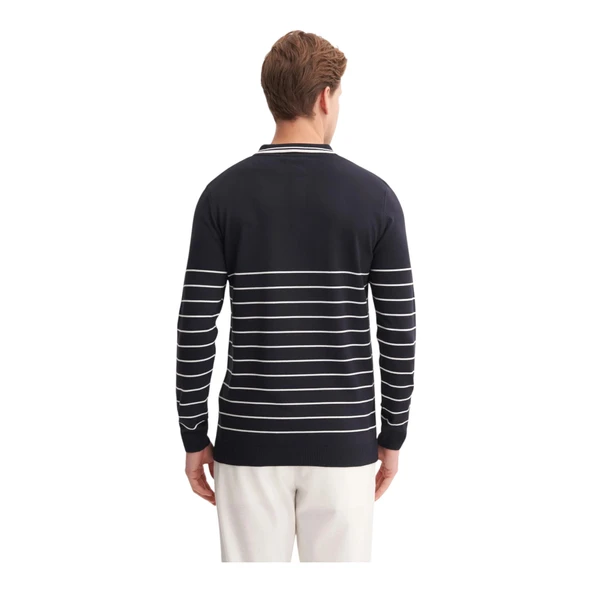 Slim Fit Viskon Dokulu Basic Çizgi Detaylı Polo Yaka Kazak-33020 - 7