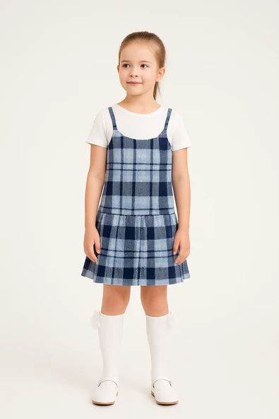 Kız Çocuk Askılı Ekose Elbise & Likralı Penye Tişört – Pileli Etekli