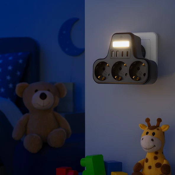 3’lü Duvar Tipi Akım Korumalı Priz  2 USB A + 2 Type C Girişli  LED Gece Lambalı Akıllı Çoklu Priz - 2