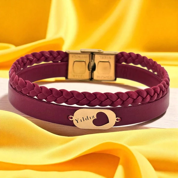 14 Ayar Altın Plakalı İsme Özel Kalp Detaylı Oval Figürlü Doğal Bordo Derili Hediye Bileklik-559 ürün görseli