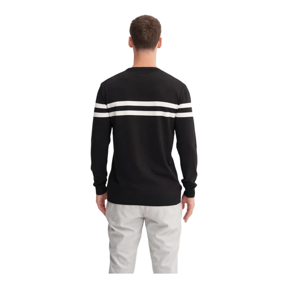 Slim Fit Viskon Kumaş Basic İki Çizgili Bisiklet Yaka Kazak - 7