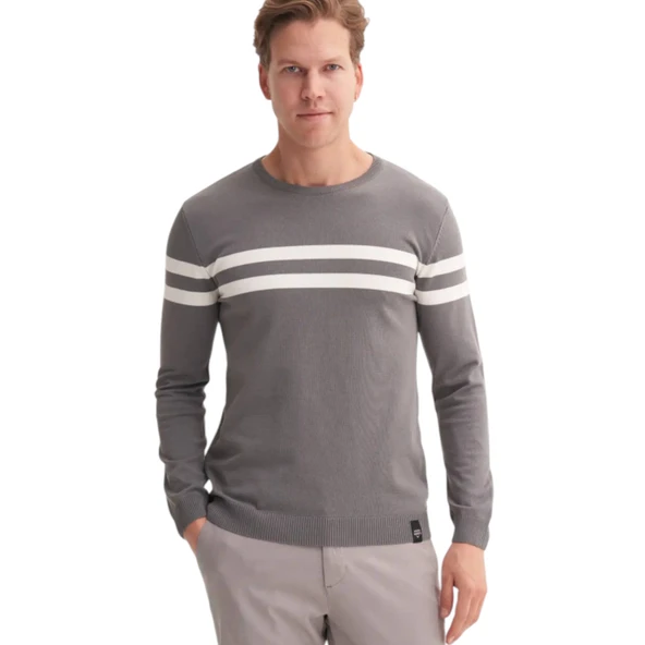 Slim Fit Viskon Kumaş Basic İki Çizgili Bisiklet Yaka Kazak - 10