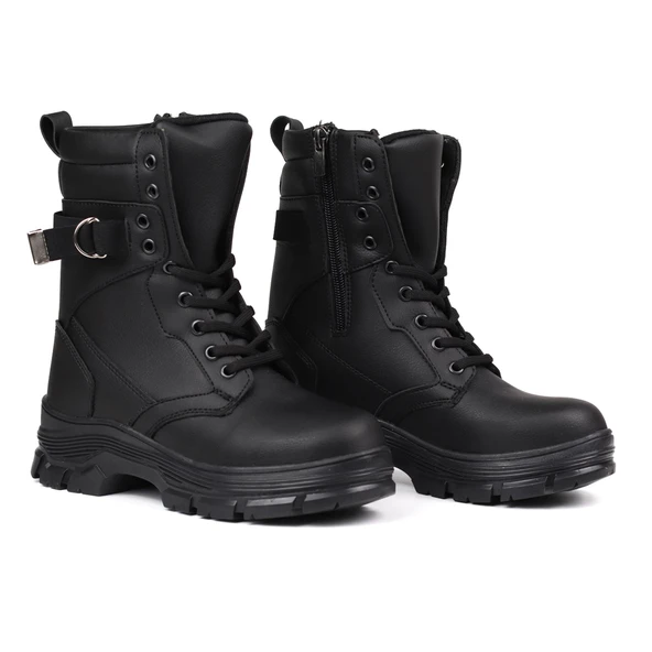 Kadın Siyah Postal Bot – Kalın Taban Fermuarlı Bağcıklı Lastik Tokalı Rahat Günlük Şık ve Dayanıklı ürün görseli