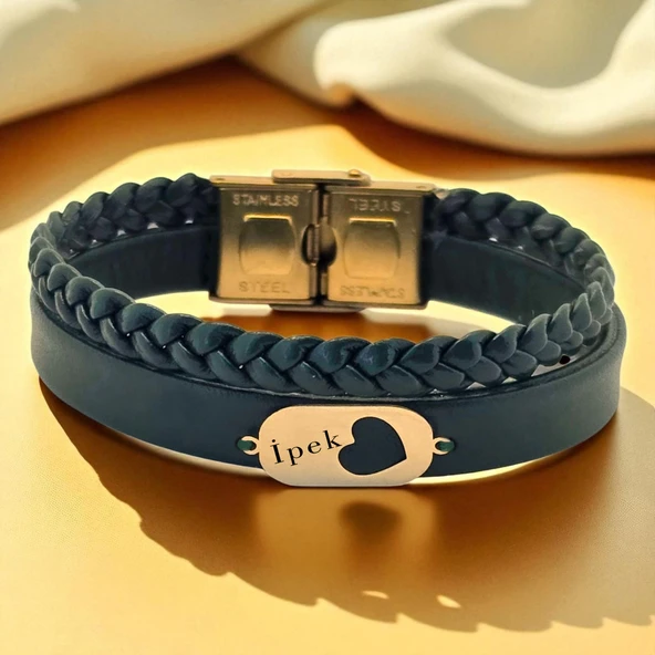 14 Ayar Altın Plakalı İsme Özel Kalp Detaylı Oval Motifli Koyu Yeşil Derili Hediye Bileklik-560 ürün görseli