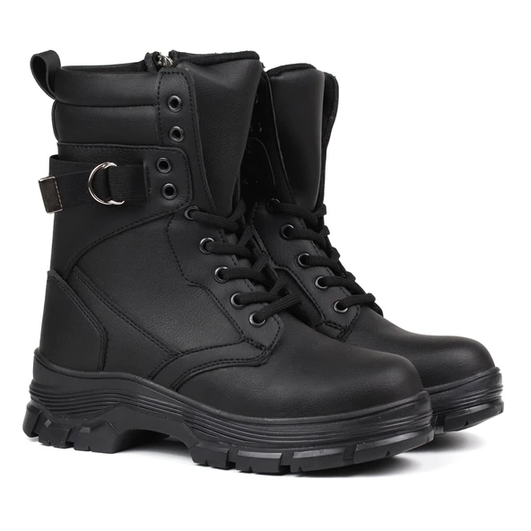 Kadın Siyah Postal Bot – Kalın Taban Fermuarlı Bağcıklı Lastik Tokalı Rahat Günlük Şık ve Dayanıklı - Resim 2