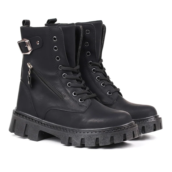 Kadın Siyah Postal Bot – Kalın Taban Fermuarlı Bağcıklı Tokalı Rahat Günlük Şık ve Dayanıklı - Resim 2
