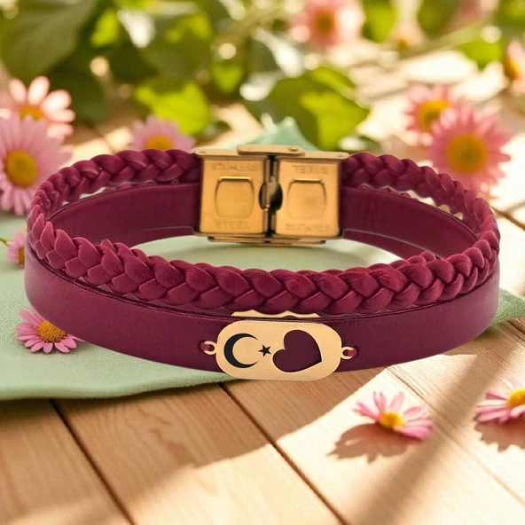 14 Ayar Altın Plakalı Sembole Özel Doğal Bordo Derili Kalp Detaylı Oval Figürlü Hediye Bileklik-559 ürün görseli