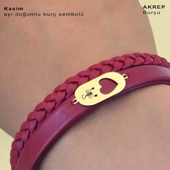 14 Ayar Altın Plakalı Burca Özel Kalp Detaylı Oval Figürlü Doğal Bordo Derili Hediye Bileklik-559 - Resim 3