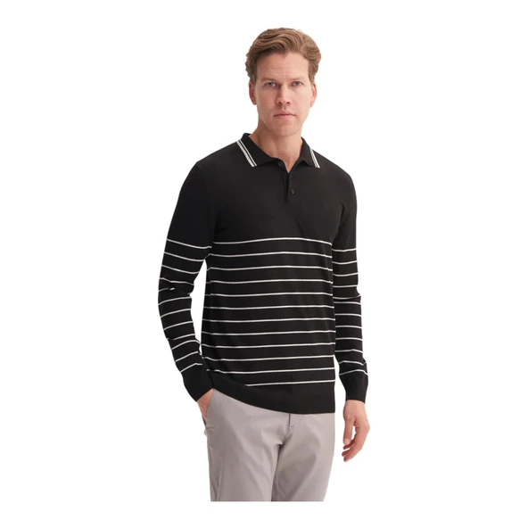 Slim Fit Viskon Dokulu Basic Çizgi Detaylı Polo Yaka Kazak-33020 - 9