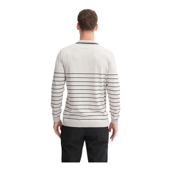 Slim Fit Viskon Dokulu Basic Çizgi Detaylı Polo Yaka Kazak-33020 - 4