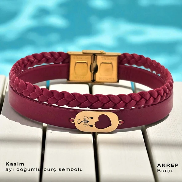 14 Ayar Altın Plakalı Burca Özel Kalp Detaylı Oval Figürlü Doğal Bordo Derili Hediye Bileklik-559 ürün görseli