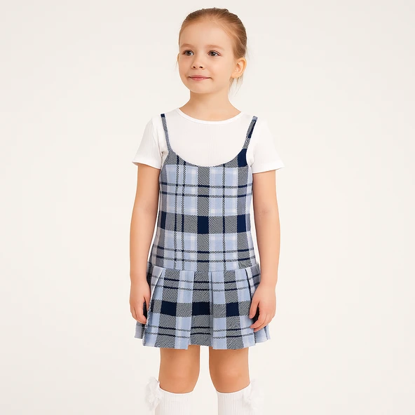 Kız Çocuk Askılı Ekose Elbise & Likralı Penye Tişört – Pileli Etekli - 2