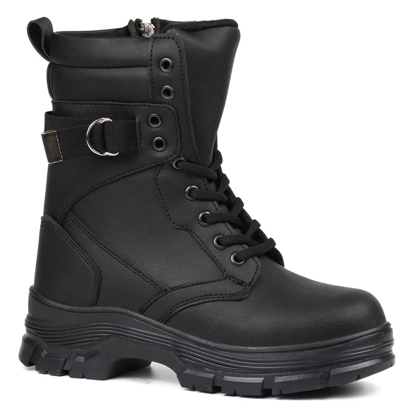 Kadın Siyah Postal Bot – Kalın Taban Fermuarlı Bağcıklı Lastik Tokalı Rahat Günlük Şık ve Dayanıklı - Resim 3