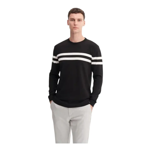 Slim Fit Viskon Kumaş Basic İki Çizgili Bisiklet Yaka Kazak - 6