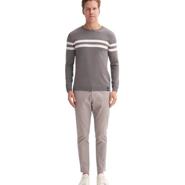 Slim Fit Viskon Kumaş Basic İki Çizgili Bisiklet Yaka Kazak - 8