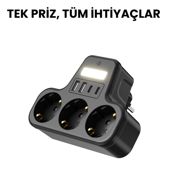 3’lü Duvar Tipi Akım Korumalı Priz  2 USB A + 2 Type C Girişli  LED Gece Lambalı Akıllı Çoklu Priz - 6