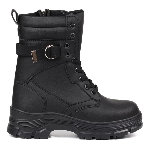 Kadın Siyah Postal Bot – Kalın Taban Fermuarlı Bağcıklı Lastik Tokalı Rahat Günlük Şık ve Dayanıklı - Resim 9