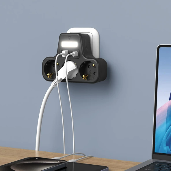 3’lü Duvar Tipi Akım Korumalı Priz  2 USB A + 2 Type C Girişli  LED Gece Lambalı Akıllı Çoklu Priz - 4